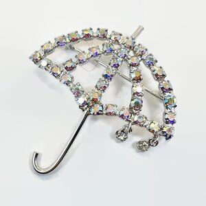 Vintage Brooch Umbrella Rhinestone: Signed B. David Blue Clear